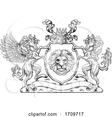 Crest Pegasus Horse Coat of Arms Lion Shield Seal by AtStockIllustration