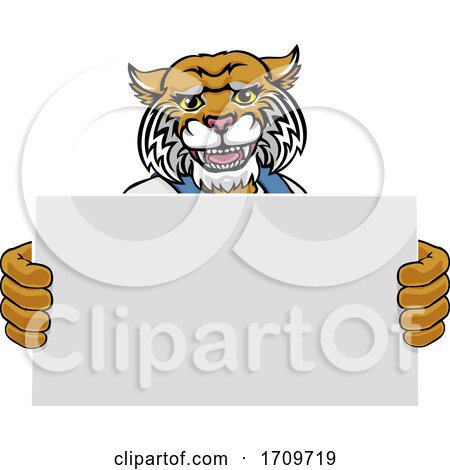 Wildcat Cartoon Mascot Handyman Holding Sign by AtStockIllustration