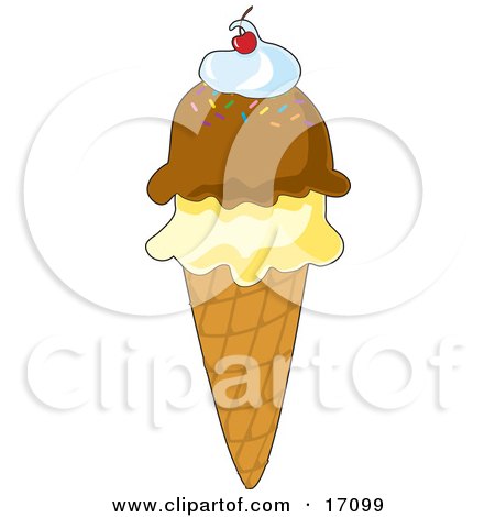 Waffle Cone With Vanilla And Chocolate Ice Cream And Topped With Whipped Cream And A Cherry Clipart Illustration by Maria Bell