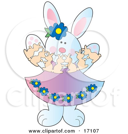 Happy Female White Bunny Rabbit Playing With Paper Bunnies On Easter Clipart Illustration by Maria Bell