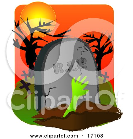 Green Arm Reaching Out From A Burial Grave In Front Of A Headstone In A Cemetery On Halloween  Posters, Art Prints