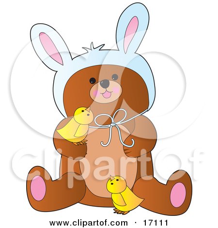 Cute Bear Wearing Easter Bunny Ears And Playing With Two Yellow Chicks Clipart Illustration by Maria Bell