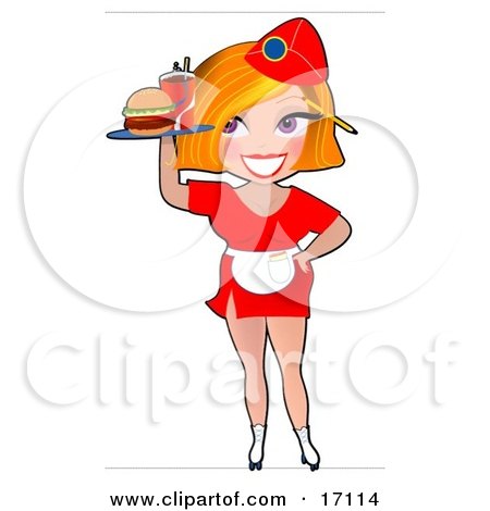 Sexy Blond Caucasian Waitress In A Small Red Dress And Apron, Rollerskating And Serving A Hamburger And Soda Clipart Illustration by Maria Bell