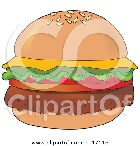 Perfectly Garnished Cheeseburger With Hamburger Meat, Tomatoes, Lettuce And Cheese Clipart Illustration by Maria Bell