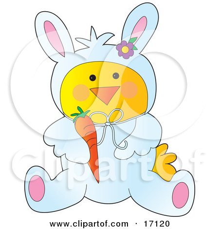 Yellow Chick Disguised As The Easter Bunny, Holding A Carrot Clipart Illustration by Maria Bell