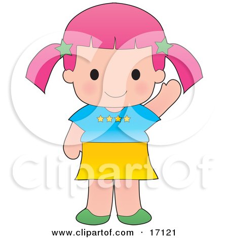 Pink Haired Caucasian Girl Waving Clipart Illustration by Maria Bell
