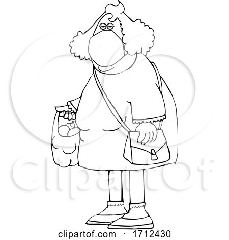 Cartoon Black and White Woman Wearing a Mask and Carrying a Plastic Bag Full of Fruit by djart