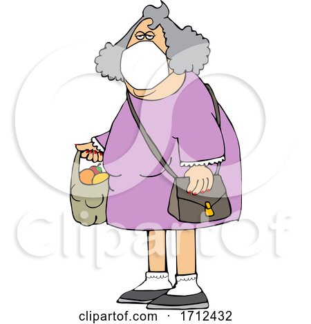 Cartoon Woman Wearing a Mask and Carrying a Plastic Bag Full of Fruit by djart