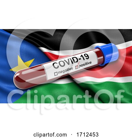 Flag of South Sudan Waving in the Wind with a Positive Covid 19 Blood Test Tube by stockillustrations