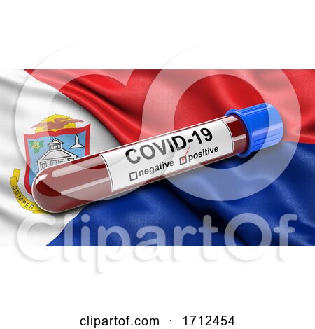 Flag of Sint Maarten Waving in the Wind with a Positive Covid 19 Blood Test Tube by stockillustrations