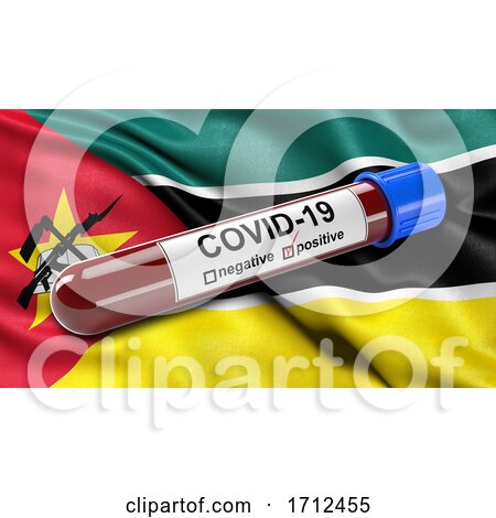 Flag of Mozambique Waving in the Wind with a Positive Covid 19 Blood Test Tube by stockillustrations