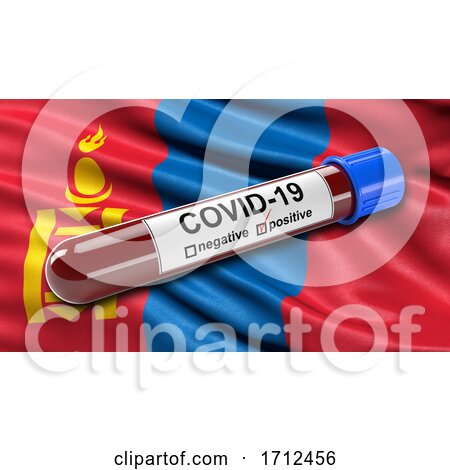 Flag of Mongolia Waving in the Wind with a Positive Covid 19 Blood Test Tube by stockillustrations
