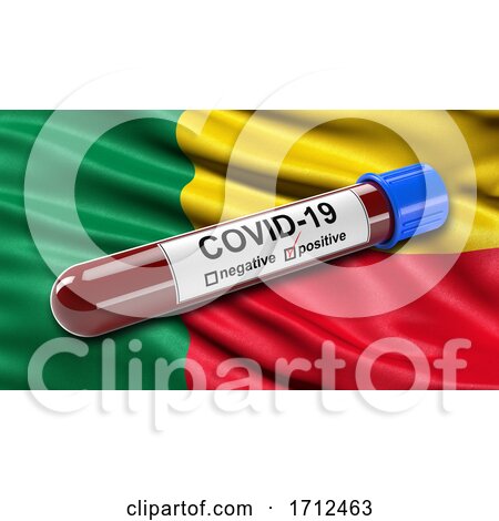 Flag of Benin Waving in the Wind with a Positive Covid 19 Blood Test Tube by stockillustrations