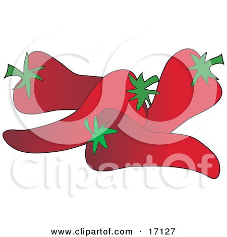 Group of Four Perfect Red and Spicy Hot Peppers Clipart Illustration by Maria Bell