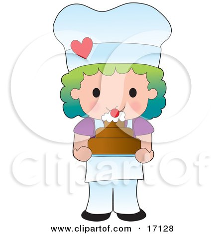 Rainbow Haired Female Chef Or Baker Holding A Freshly Baked Cake Topped With Cream And A Cherry Clipart Illustration by Maria Bell