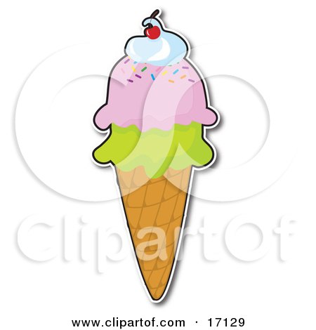 Waffle Cone With Pistacio And Strawberry Ice Cream And Topped With Whipped Cream And A Cherry Clipart Illustration by Maria Bell
