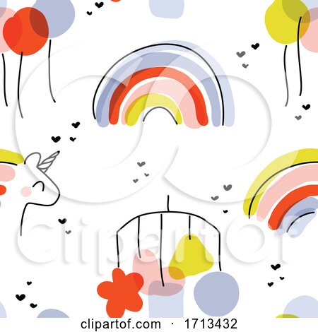 Seamless Pattern with Cute Rainbow Unicorn Balloons and Bed Bell Toy by elena