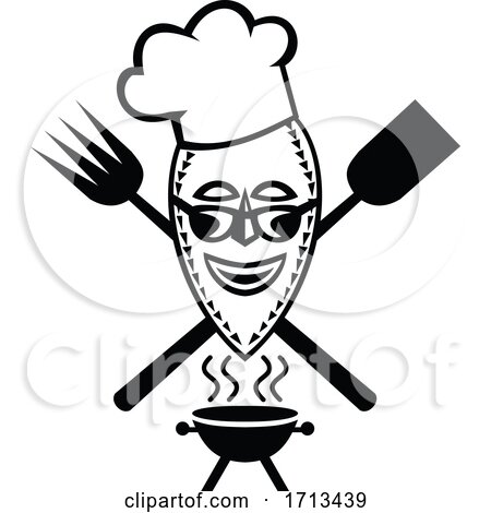 African mask with crossed fork and spatula over bbq by patrimonio