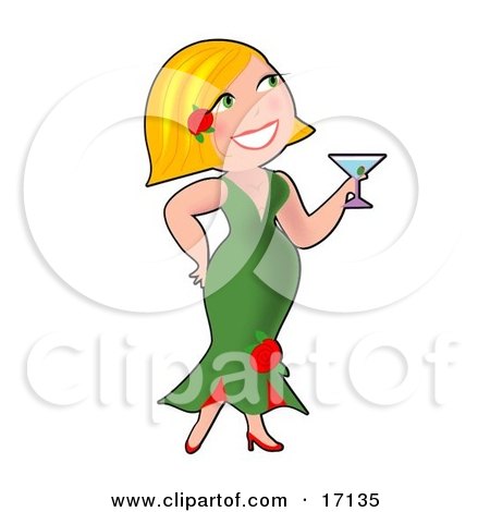 Sexy Blond Caucasian Woman With A Rose In Her Hair, Wearing A Green Dress And Drinking A Martini At A Party Clipart Illustration by Maria Bell