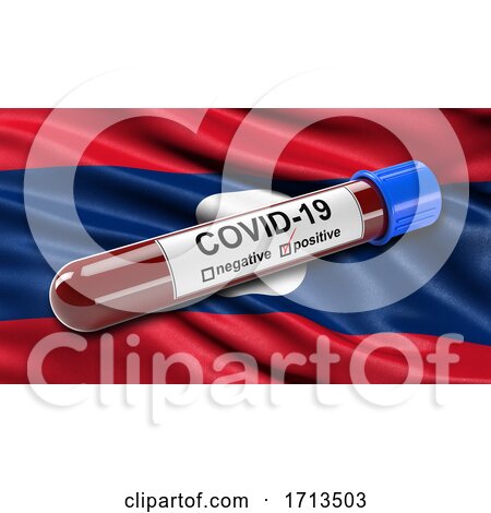 Flag of Laos Waving in the Wind with a Positive Covid 19 Blood Test Tube by stockillustrations