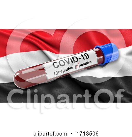 Flag of Yemen Waving in the Wind with a Positive Covid 19 Blood Test Tube by stockillustrations