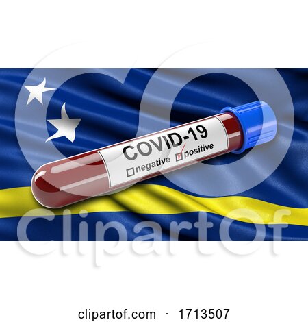Flag of Curacao Waving in the Wind with a Positive Covid 19 Blood Test Tube by stockillustrations