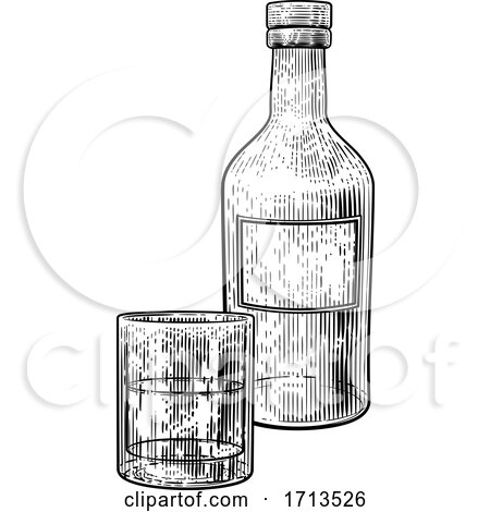 Drinks Glass and Bottle in Vintage Woodcut Style by AtStockIllustration