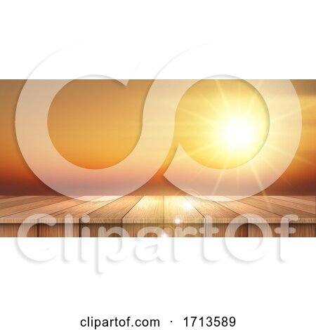 Summer Themed Banner with Wooden Table Looking out to a Sunset Sky by KJ Pargeter