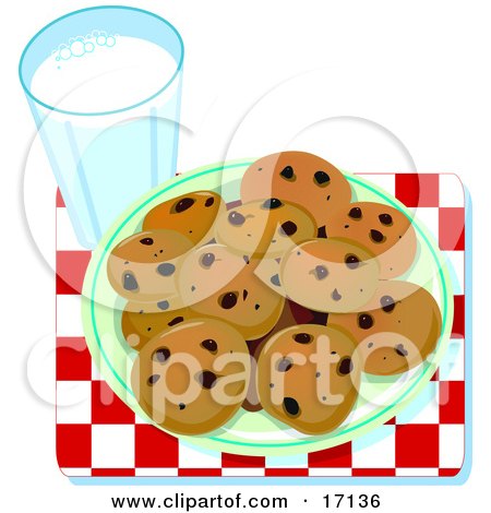 Plate Of Chocolate Chip Cookies Resting On A Red And White Chekered Table Cloth By A Glass Of Milk Clipart Illustration by Maria Bell