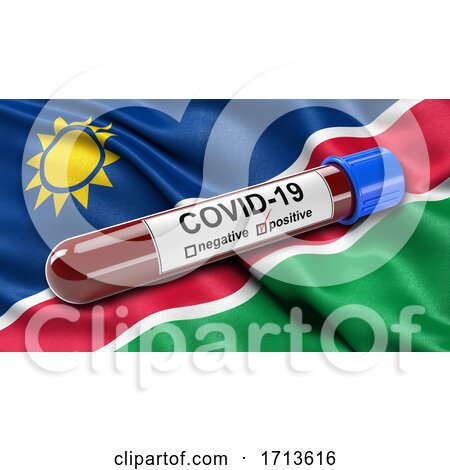 Flag of Namibia Waving in the Wind with a Positive Covid 19 Blood Test Tube by stockillustrations