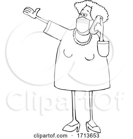 Cartoon Lineart Woman Wearing a Mask and Yaking on a Cell Phone by djart
