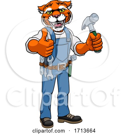 Tiger Mascot Carpenter Handyman Holding Hammer by AtStockIllustration