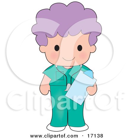 Female Purple Haired Medical Nurse Or Doctor In Scrubs, Holding A Clipboard While On Shift At The Hospital Clipart Illustration by Maria Bell