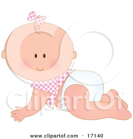 Caucasian Baby Girl In A Pink Checkered Shirt And Bow On Her Hair, Crawling In A Diaper Clipart Illustration by Maria Bell