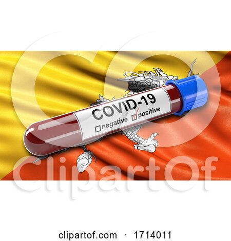 Flag of Bhutan Waving in the Wind with a Positive Covid 19 Blood Test Tube by stockillustrations