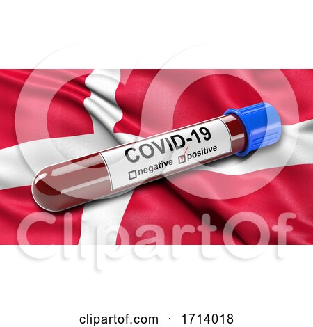 Flag of Denmark Waving in the Wind with a Positive Covid 19 Blood Test Tube by stockillustrations
