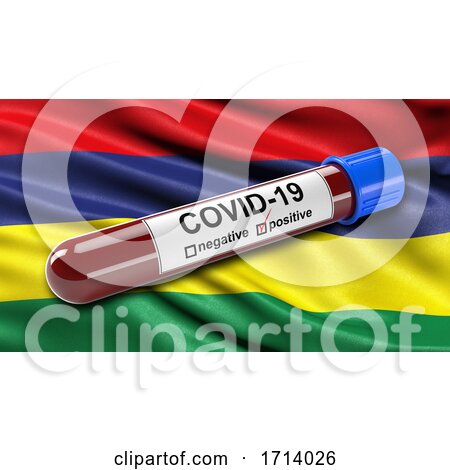 Flag of Mauritius Waving in the Wind with a Positive Covid 19 Blood Test Tube by stockillustrations