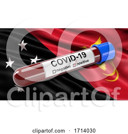 Flag of Papua New Guinea Waving in the Wind with a Positive Covid 19 Blood Test Tube by stockillustrations