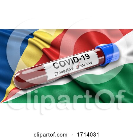 Flag of Seychelles Waving in the Wind with a Positive Covid 19 Blood Test Tube by stockillustrations