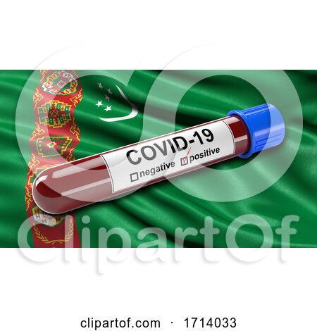 Flag of Turkmenistan Waving in the Wind with a Positive Covid 19 Blood Test Tube by stockillustrations