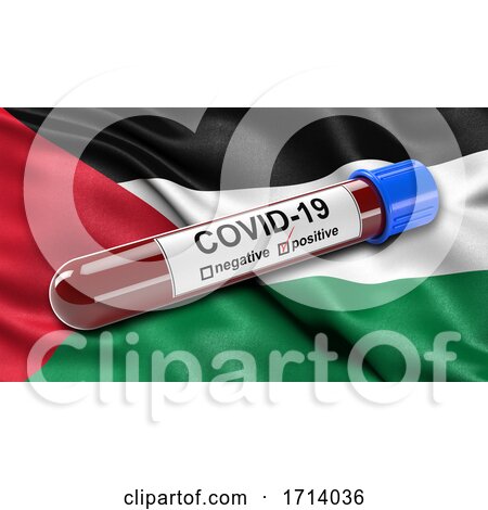 Flag of Palestine Waving in the Wind with a Positive Covid 19 Blood Test Tube by stockillustrations