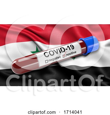 Flag of Syria Waving in the Wind with a Positive Covid 19 Blood Test Tube by stockillustrations