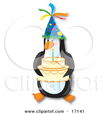 Cute Penguin Bird Wearing A Party Hat And Serving A Birthday Cake With A Lit Candle On It Clipart Illustration by Maria Bell