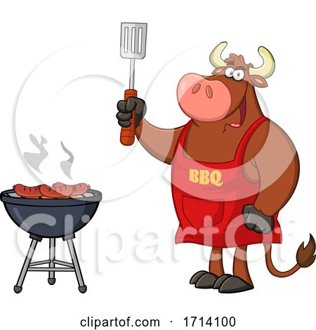 Bull BBQ Chef Grilling Sausages on a Barbeque by Hit Toon