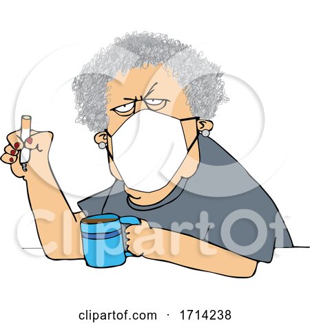 Cartoon Grumpy Old White Woman Wearing a Mask and Smoking a Cigarette over Coffee by djart