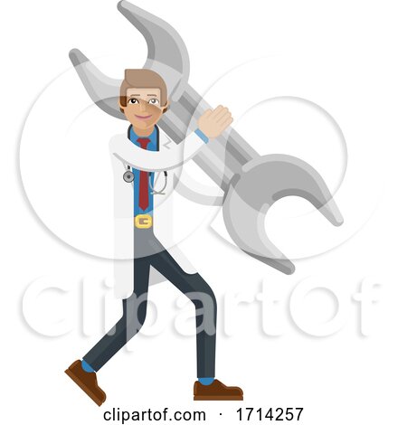 Doctor Man Holding Spanner Wrench Concept Mascot by AtStockIllustration