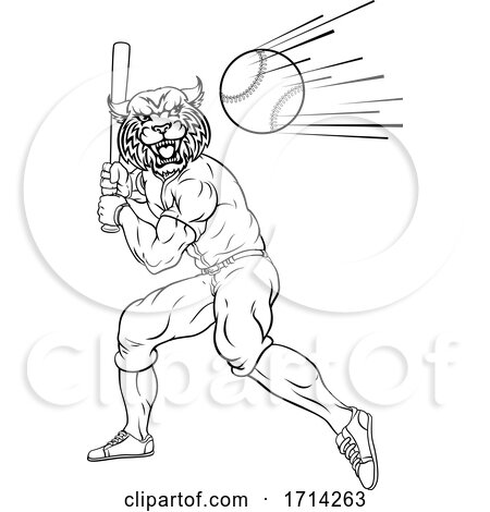 Wildcat Baseball Player Mascot Swinging Bat by AtStockIllustration