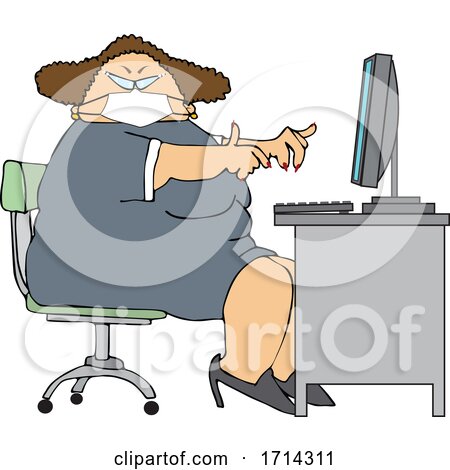Cartoon Chubby White Woman Wearing a Mask and Working at a Desk by djart
