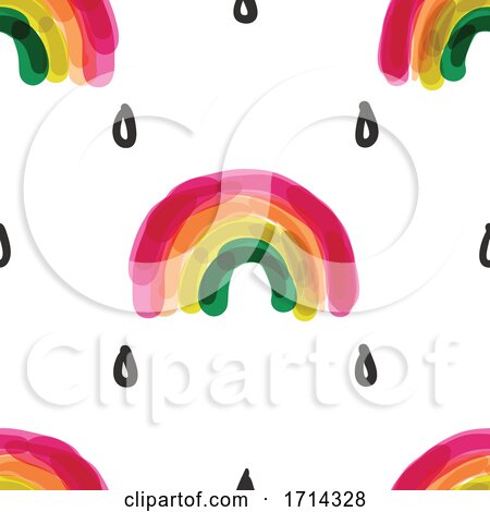 Watercolor Painted Styled Rainbow and Rain Drop Seamless Background Pattern by elena