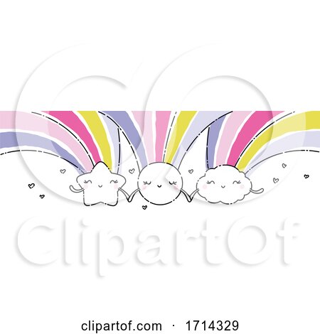 Watercolor Cute Shooting Star Sun and Cloud with Rainbows Holding Hands by elena